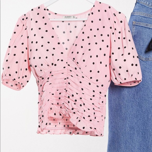 Stradivarius v neck blouse pink with dots - Picture 2 of 3